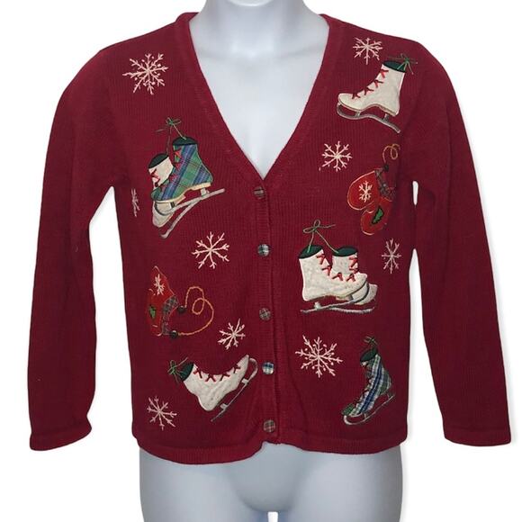 Vintage Ice Skating Christmas Sweater Small Y2K Holiday Cardigan Basic Editions - Picture 7 of 16